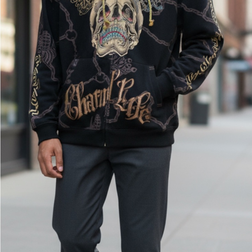 Christian Audigier Black and Gold Skull Zip-Up Sweater